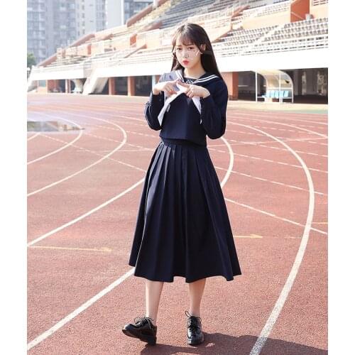 Spring Japanese School Uniforms for Girls Cotton Shirt+Long Skirt Fashion Style Students Clothes Navy Blue