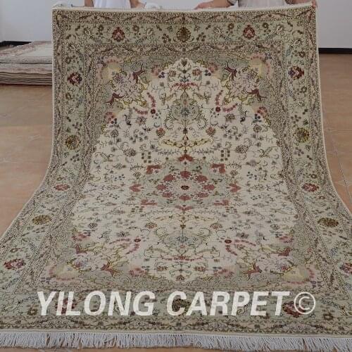 Yilong 6'x9' Oriental silk wool carpet rug beige thick exquisite wool silk rug (1431)