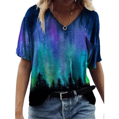 2021 Summer Women Short Sleeve Landscape Print T Shirt Casual Streetwear V-Neck Pockets Loose Tee Tops Plus Size 3XL Ladies Tees