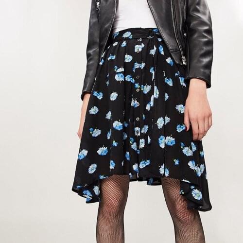 Women Skirt Black Silk Skirt with Blue Daisy Asymmetraical Mini Skirt with Belt