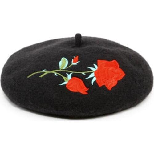 Winter womens beret hat DIY handmade wool hat flower French black painter hat outdoor warmth thick newsboy hat
