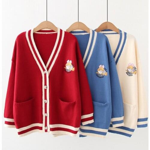 Sweet Style Women Knit Cardigan Harakuju Cartoon Patchwork 2021 Winter V-neck Sweaters Korean Female Kawaii Jumpers Soft Top