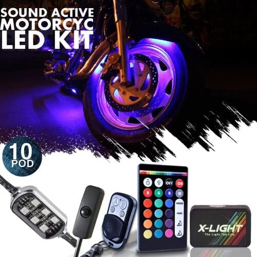 10pc X-LIGHT 3-into-1 Motorcycle LED Light Pod Body Kit | 18 Full-Color Accent w/Switch for Street-Sport | Music Active | Brake