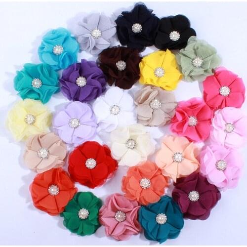 120PCS 5.5CM 34Colors New Style Cute Chiffon Flowers With Rhinestone Pearl For Hair Clips Fabric Flower For Headbands Head Wear