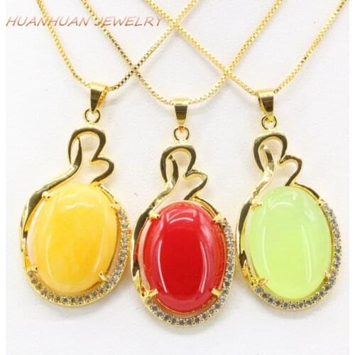 19x36mm Gold-Color Stainless Steel Chain Necklaces Drop Stone Pendant For Women Natural Jades Chalcedony Zircon Pendants B3340