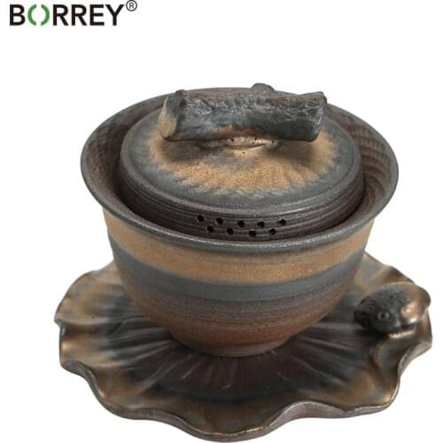 BORREY Puer Gaiwan Japanese style Jumping Knife Teapot Teacup Kung Fu Tea Set Iron Glaze tea bowl Stoneware Gaiwan Handicraft