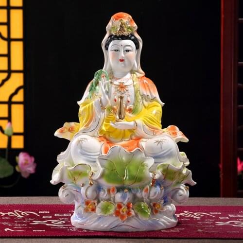 Buddhist Buddha Statue Guanyin Statue Ceramic Crafts Porcelain Full Color Sitting Lotus Guanyin Buddha Statue White Porcelain