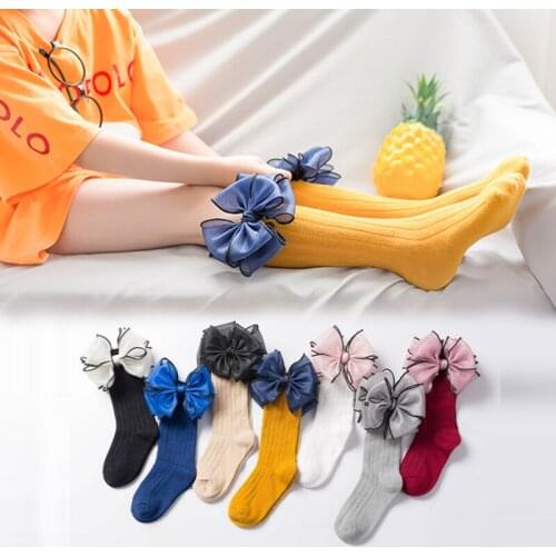 Children Non-slip Bows Socks Baby Girls Sock Beautiful Knee High Cotton Toddler Long Socks For Kids Candy Color One Pair Sock