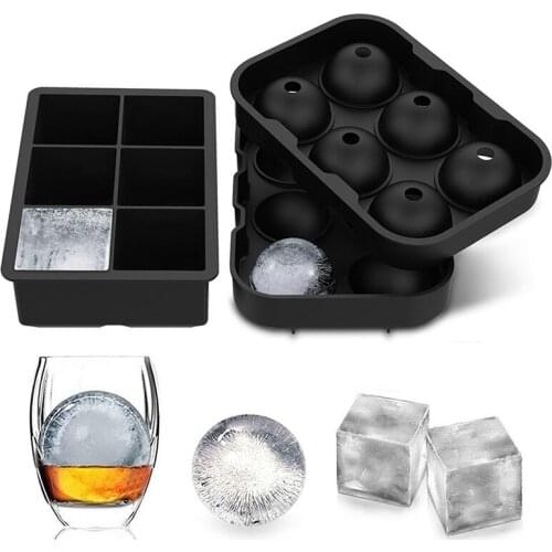 Ice Cube Trays Set of 2, Whiskey Ice Ball Maker With Lids & Large Square Ice Cube Molds, Reusable Silicone Combo Mold , BPA Free