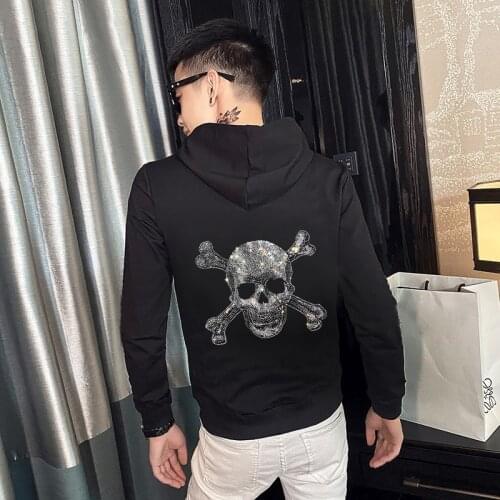 Characteristic Personality Skull Pullover Luxury Rhinestone Hoodie Winter Brand Warm Thick Mens Sweatshirt Hip-Hop Loose