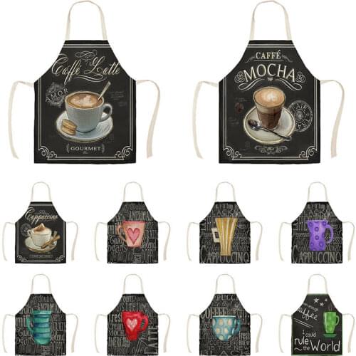 Coffee Pattern Kitchen Aprons for Woman Man Home Cooking Baking Shop Cleaning Cotton Linen Apron WQi857