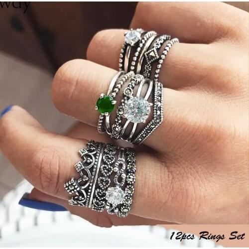 Boho Retro Rhinestone Crown Ring Set Crystal Rock Geometry Stone Rings For Woman Fashion Accessories Finger Jewelry 2020 12pcs