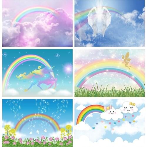 Laeacco Rainbow Backdrops Cloud Blue Sky Birthday Party Decor Poster Baby Portrait Photography Background Photocall Photo Studio