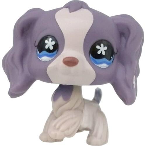 Littlest pet shop cute toys Real Cocker SPANIEL #672 Light Dark purple dog with flower blue