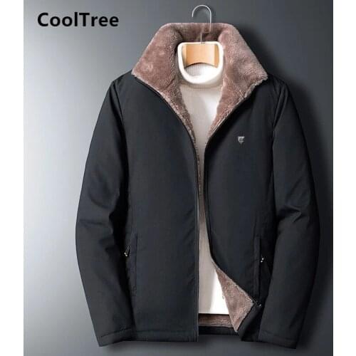 CoolTree Men Fleece Jackets Autumn Winter Plus velvet lining Thick Warm Fur Collar Coats Male Solid color Outerwear Parkas Tops