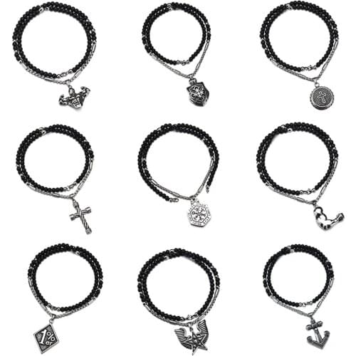 Men Sports Fitness Pendant Necklaces Hiphop/Rock Stainless Steel 1%er Cross Skull Glass Beads Necklace