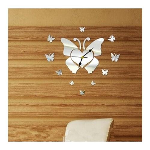 Modern Design 3D DIY Wall Clock Acrylic Love Hearts Mirror Clock Butterfly Sticker Home Room Decor