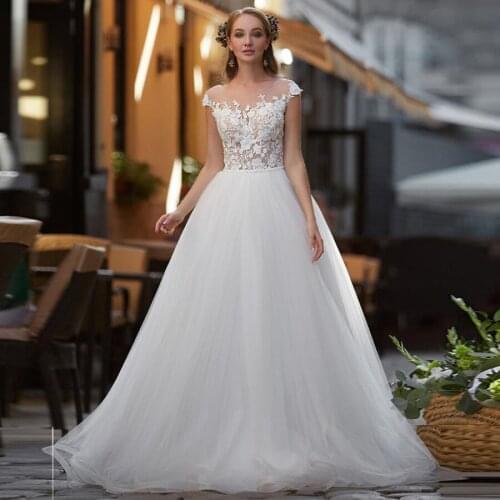 Charming Scoop Illusion Neckline Appliques Wedding Dresses White/Ivory Custom Made Dresses Bridal Boho