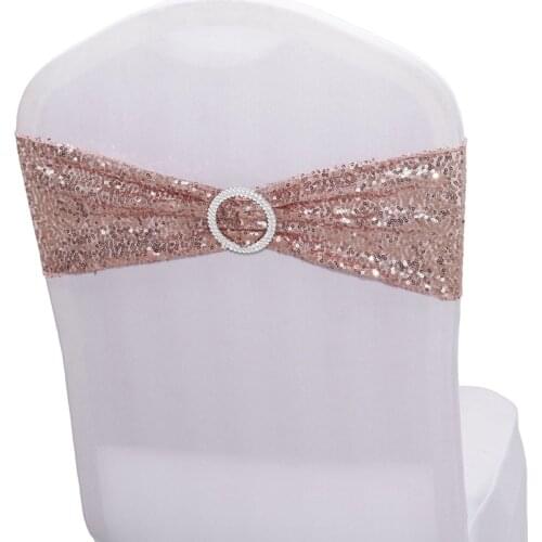 Rose Gold Sequin Spandex Chair Sash Glitter Stretch Bands with Round Buckle for Wedding Events Party Decoration