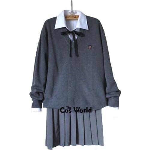 Preppy Style Student Class Japan JK High School Uniform Winter Dark Gray V-Neck Sweater Skirt White Shirt Suit