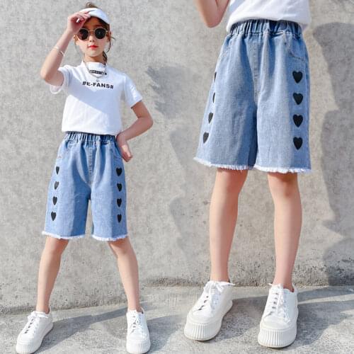 Teen Girls Shorts With Heart Print Casual Style Summer Fashion Little Tassel Children School High Waist Denim Half Pants 5-14Yrs