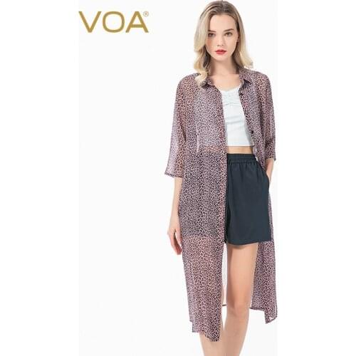 VOA Purple Leopard Print Silk Collar Three-Quarter Sleeve Single Row Multi-Buckle Mid-Length All-match Sunscreen Shirt BJ190