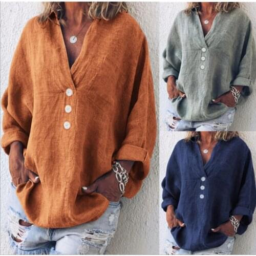 Womens Retro V Neck Cotton Linen Cardigan Pullover T Shirt