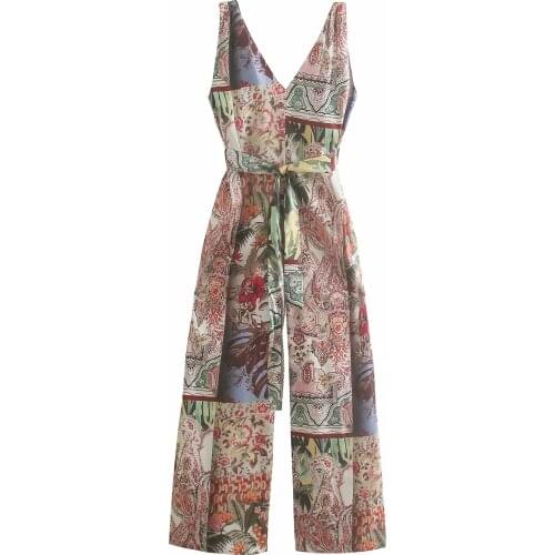 Za New Summer Women Print Sleeveless High Waist Jumpsiut Romper Long Trousers Shirt Jumpsuits ladies Office Pants With Belt