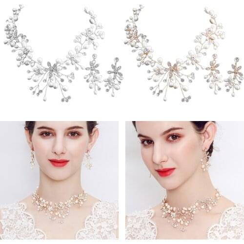 Elegant Wedding Bridal Women Bohemian Necklace Dangle Earrings Set Teardrop Pearl Flower Party Statement Jewellery