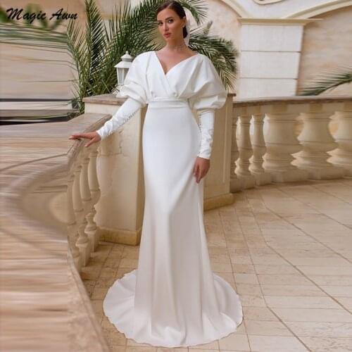 Magic Awn Vintage Satin Mermaid Wedding Dresses 2021 Puffy Long Sleeves V-Neck Simple Bridal Gowns Boho Cheap Robe De Mariee