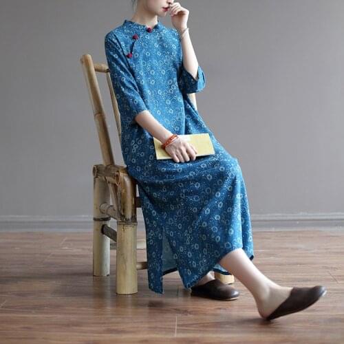 Women Loose Cotton Linen Retro Qipao Dress Ladies Printed Cheongsam Dresses Female 2020 Summer Autumn Dress