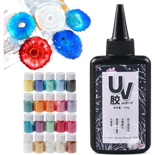 20pcs Mix Color Pearl Mica Powder Resin Pigment with Agate Coaster Resin Casting Silicone Mold and UV Resin Glue Set