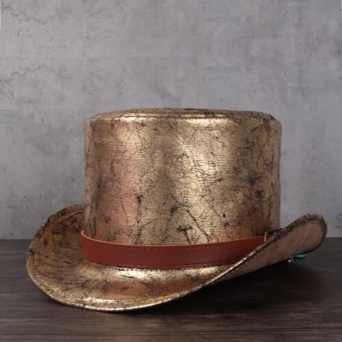 2021 3 Size Women Leather Top Hat Men Fedora Hat Magic Flat Steampunk Cosplay Party Cap