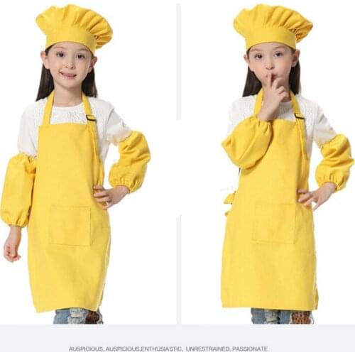 Adorable 3pcs/set Children Kitchen Waists 12 Colors Kids Aprons with Sleeve&Chef Hats for Painting Cooking Baking