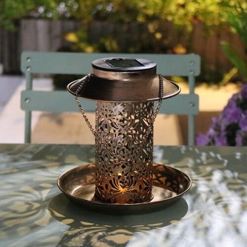 Antique Metal Bird Feeder Outdoor Hanging Solar LED Lawn Lamps Garden Decoration LED Lawn Lamps Bird Food Holder Container