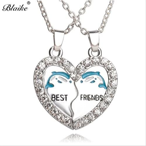 Blaike 2 Pc/Set BEST FRIENDS Silver Color Heart Dolphin Pendant Friend Ship Necklace For Women Best Gifts For Friends