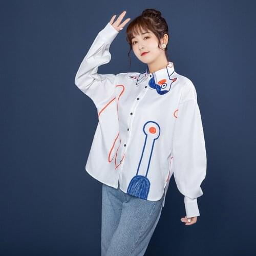 2021 Autumn New Graffiti Print Blouse White Shirts for Women Cartoon Cute Lapel Button up Loose Blouses Women Harajuku Girl Tops
