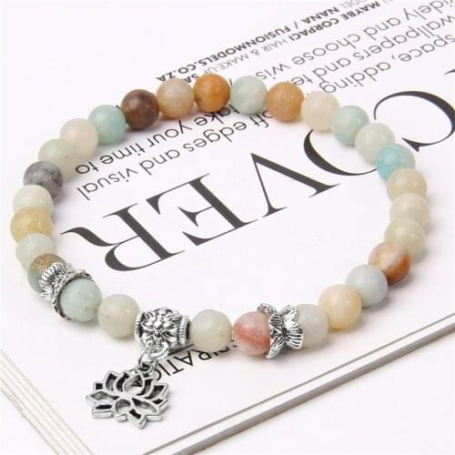 Natural Stone Amazonite Bracelet Men Vintage Buddism Silver Color Lotus Charm Bracelets Women Mala Prayer Reiki Pulsera Jewelry