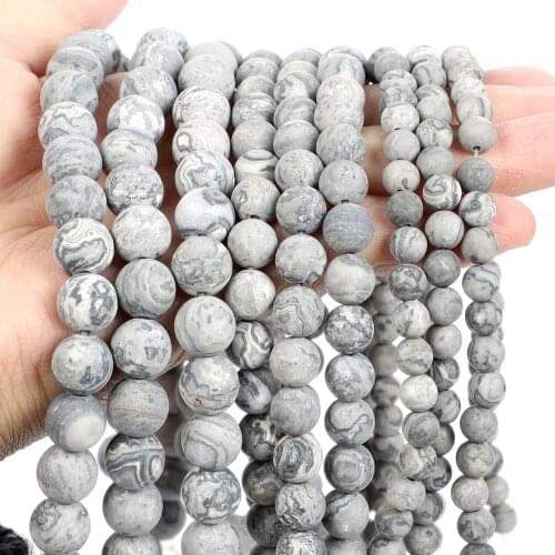 4/6/8/10/12MM Natural Stone Beads Matte Frosted Gray White Picasso Jasper Round Loose Space Bead for Jewelry Making Bracelet DIY