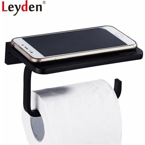 Leyden Toilet Paper Holder Black Wall Mounted Toilet Paper Holder with Mobile Phone Shelf Paper Dispenser Bathroom Accessories