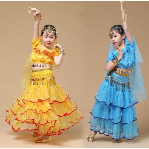 Children Belly Dance Suit Childrens India Style Rhinestones Paillette Tassel Dance Costumes Girl Dancer Outfit with Mantilla 16