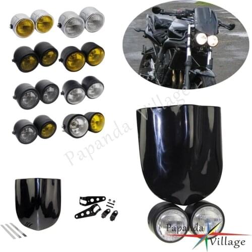 Dominator Dual Twin Headlight +Mount Bracket + Flyscreen Windscreen for Buell Yamaha FZ R6 Norton Cafe Racer Mesh Grill Headlamp