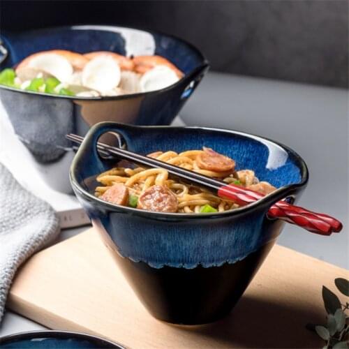 European Creative Deep Blue Soup Bowl with Handle Ceramic Rice Noodle Bowl Large Capacity Irregular Salad Bowl Home Tableware