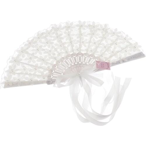 Cotton Lace Folding Handheld Fan Embroidered Bridal Hand Fan with Lace Ribbon