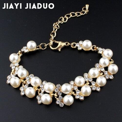 Jiayijiaduo Simulation pearl bracelet ladies gold color link chain crystal bridal wedding jewelry bracelet and bracelet 811