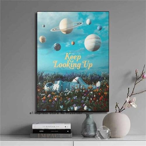 Bule Sky Keep Looking Up Canvas Painting Astronaut Lying in The Flowers Poster Print Wall Art Picture for Living Room Decor
