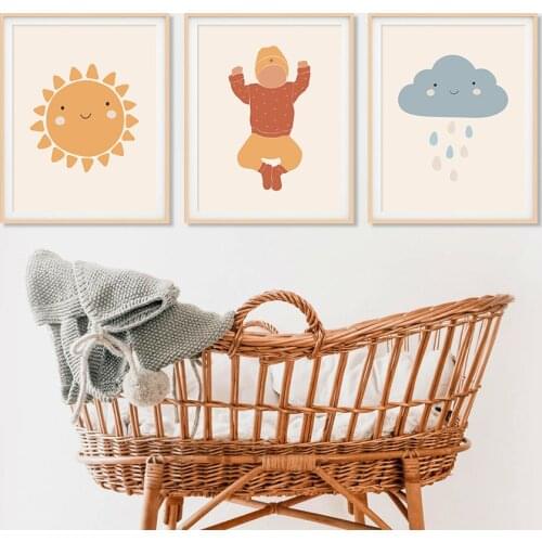 Cartoon Sun And Cloud Baby Canvas Paintings Nursery Kids Poster Print Wall Art Pictures For Childrens Bedroom Home Decoration