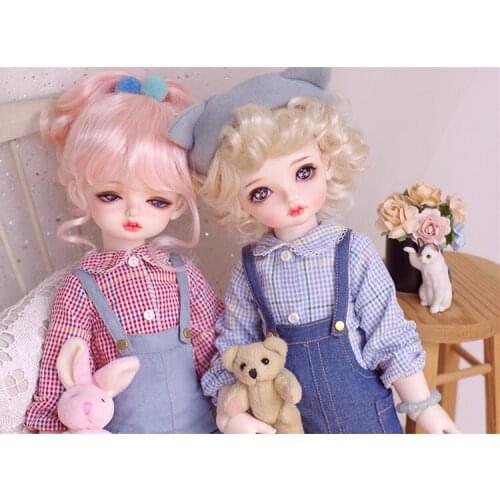 BJD Doll clothes set suitable for 1-4 MSD size rural plaid shirt with overalls doll accessories