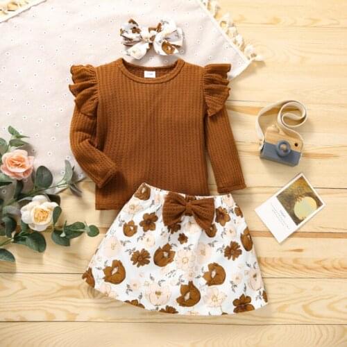 3Pcs Kids Spring Autumn Tracksuit, Girls Solid Color Round-Neck Long Sleeves Tops + Floral Skirt + Headband, 3-24 Months