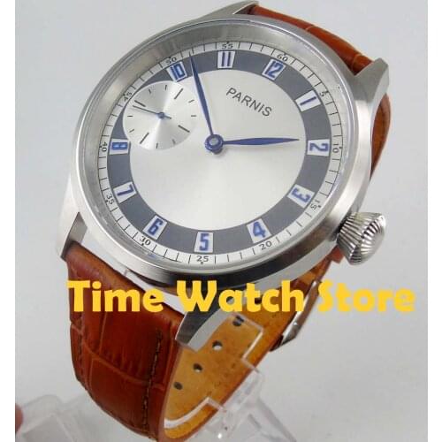 43mm 17 jewels 6497 hand wind mens watch brushed case sapphire glsaas silver black dial blue marks hands waterproof 43